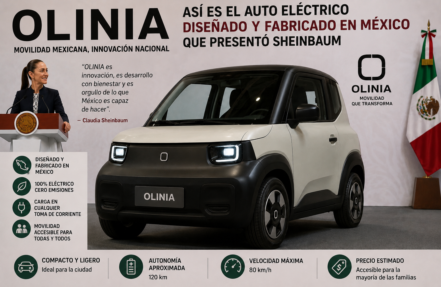 Olinia: así es el auto eléctrico diseñado y fabricado en México que presentó Sheinbaum