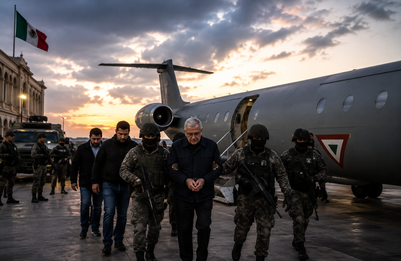 Sacan a Rocha Moya y sus hijos del Palacio de Gobierno de Sinaloa en avión militar tras operativo de vigilancia aérea