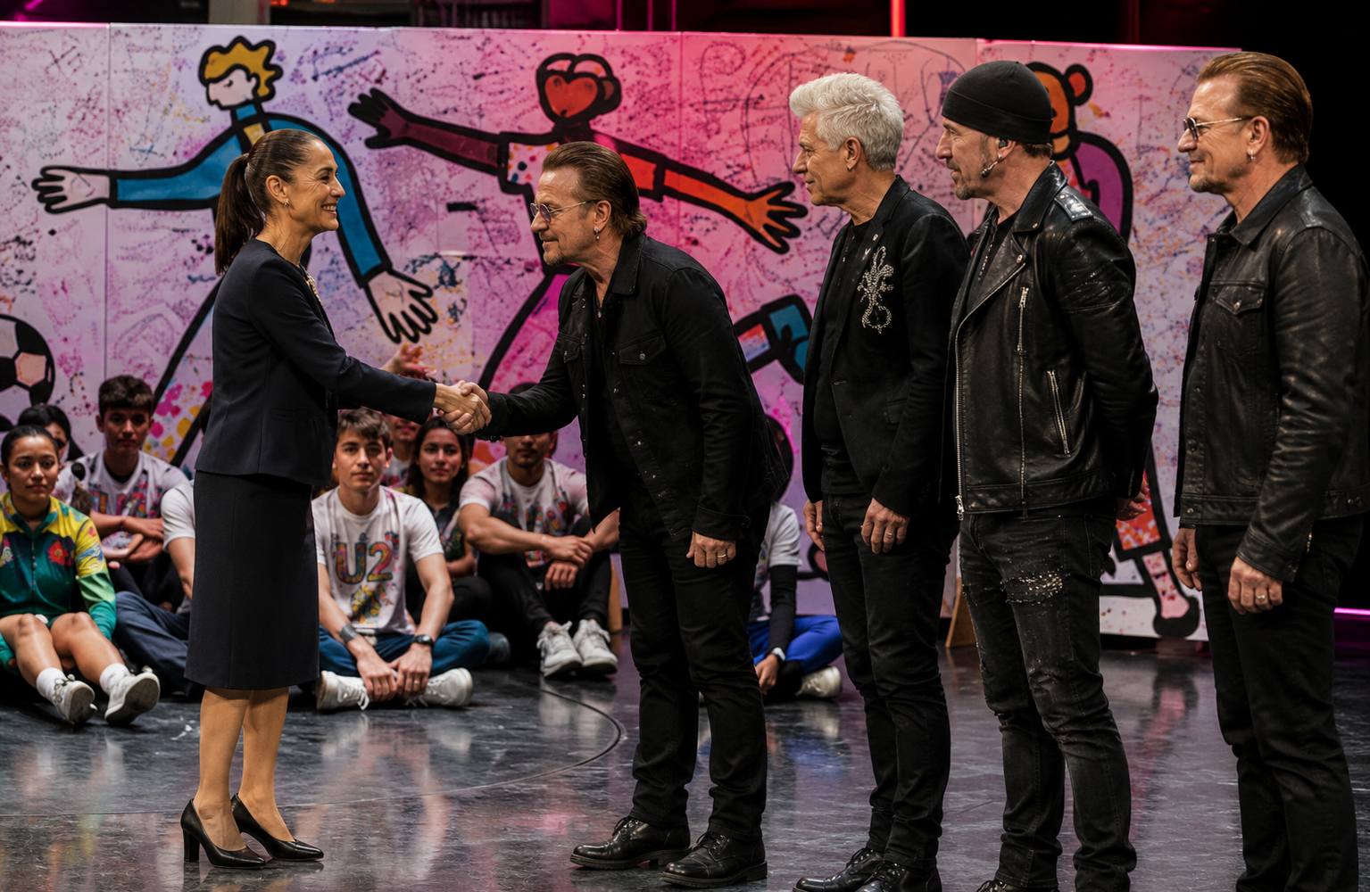 Sheinbaum y U2 en la Asamblea General de la Copa Mundial de Niños de la Calle