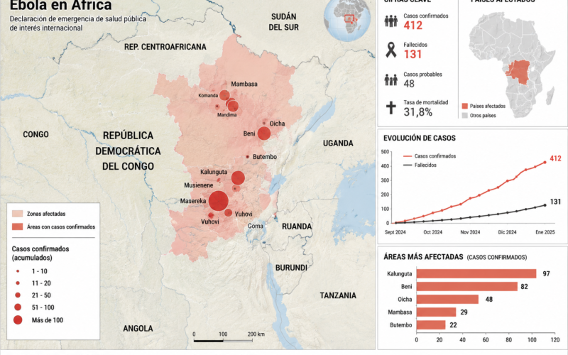 El brote de ébola supera los 130 muertos y la OMS lo eleva a riesgo máximo: mapas, cifras y países afectados