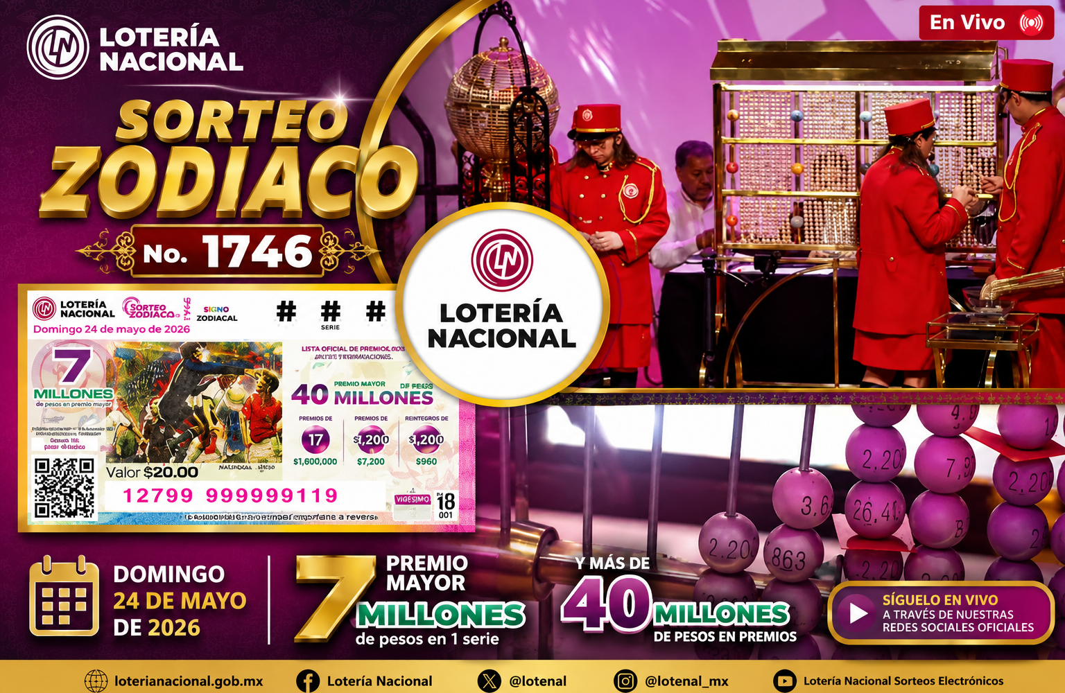 Resultados del Sorteo Zodiaco 1746 de la Lotería Nacional del domingo 24 de mayo
